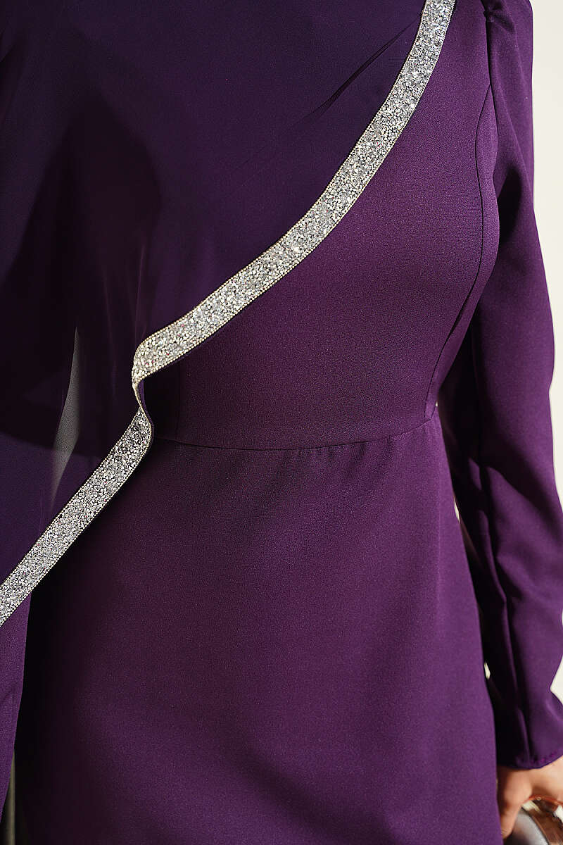 Tulle Cape Evening Dress Purple - الصورة 4