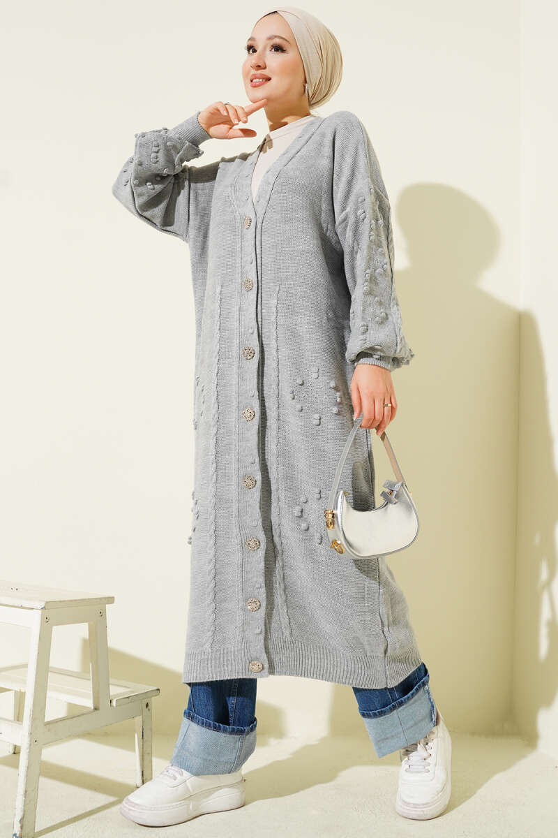 Stone-Embellished Buttoned Knit Cardigan Grey