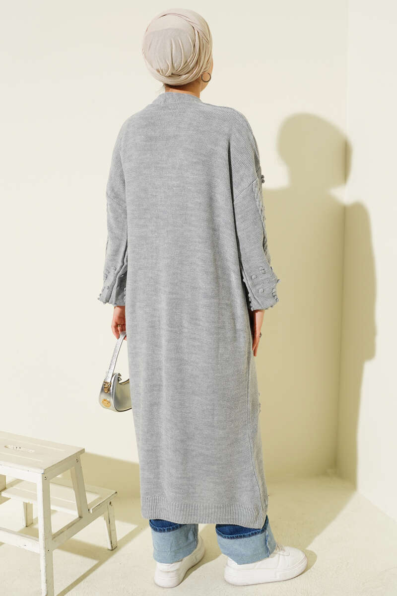 Stone-Embellished Buttoned Knit Cardigan Grey - Image 3