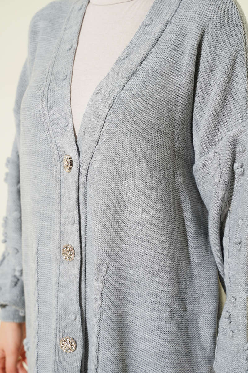 Stone-Embellished Buttoned Knit Cardigan Grey - Image 4