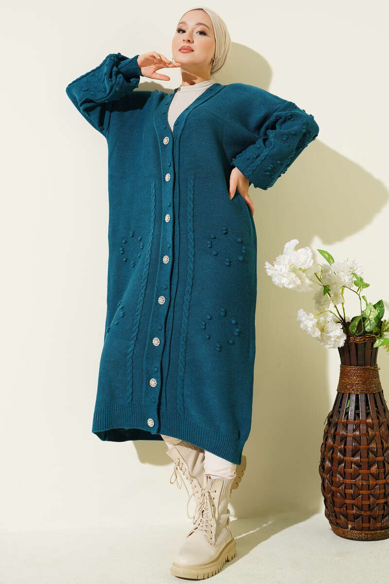 Stone-Embellished Buttoned Knit Cardigan Petrol