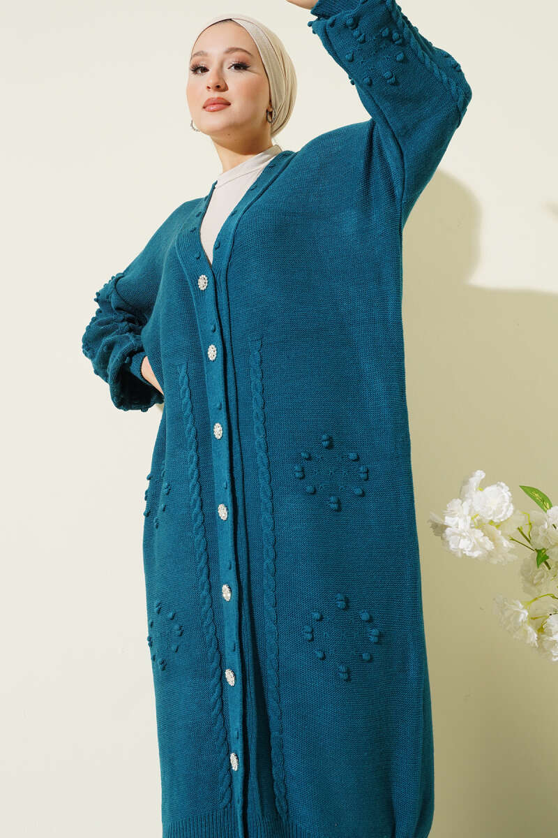 Stone-Embellished Buttoned Knit Cardigan Petrol - Imagen 2