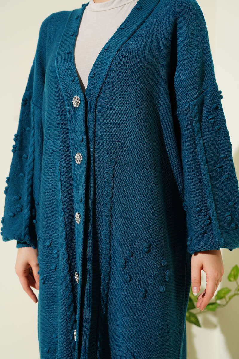 Stone-Embellished Buttoned Knit Cardigan Petrol - Imagen 4