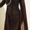 ⁦Embellished Cape Evening Dress Brown⁩ - الصورة ⁦4⁩