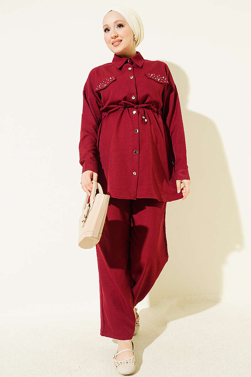 Stone Detail Faux Pocket Flap Two-Piece Set Burgundy