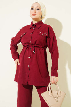 Alternative view of Stone Detail Faux Pocket Flap Two-Piece Set Burgundy