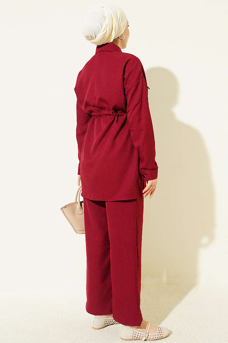 Stone Detail Faux Pocket Flap Two-Piece Set Burgundy – Bild 3