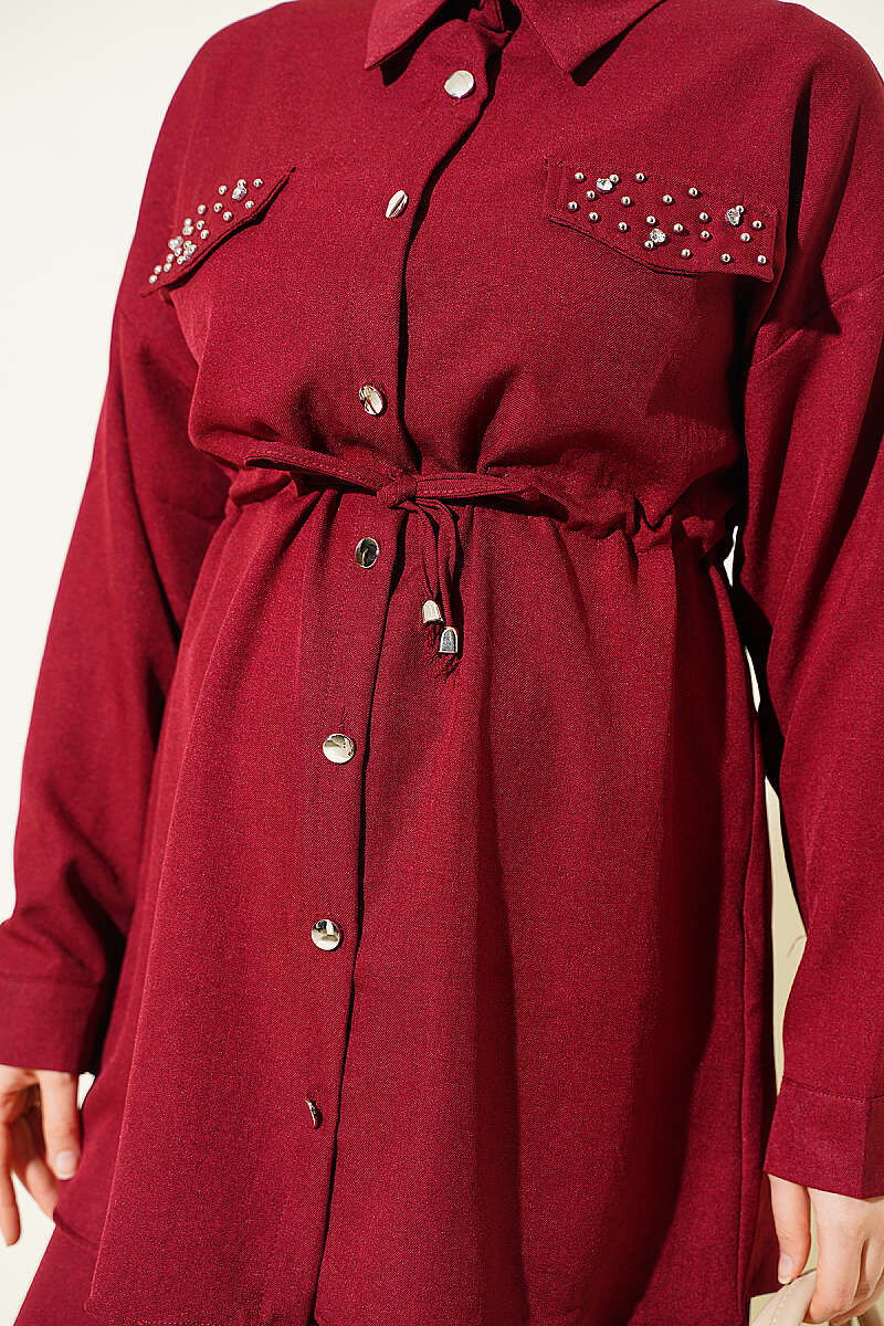 Stone Detail Faux Pocket Flap Two-Piece Set Burgundy – Bild 4