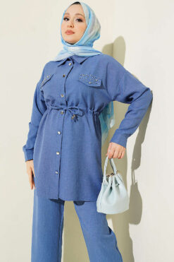 Alternative view of Stone Detail Faux Pocket Flap Two-Piece Set Indigo