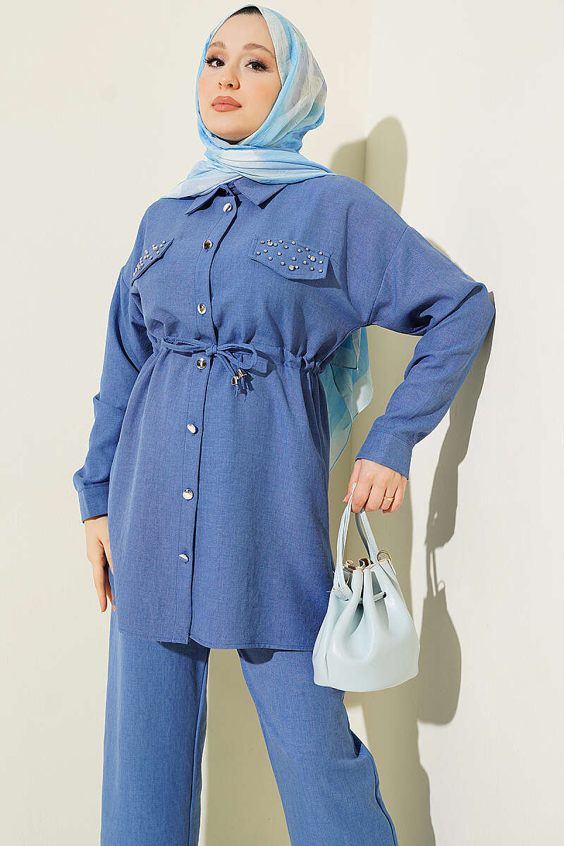 Stone Detail Faux Pocket Flap Two-Piece Set Indigo – Bild 2