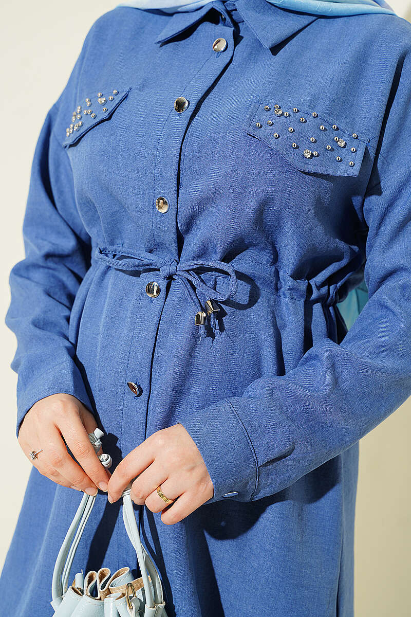 Stone Detail Faux Pocket Flap Two-Piece Set Indigo – Bild 4