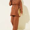 Stone Detail Faux Pocket Flap Two-Piece Set Brown