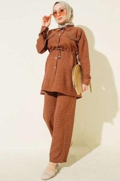 Stone Detail Faux Pocket Flap Two-Piece Set Brown