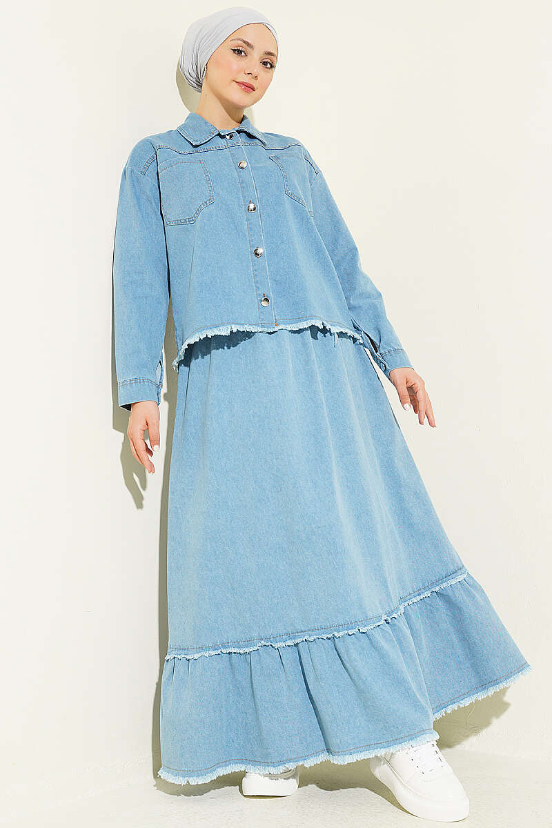 Fringed Detail Denim Two-Piece Set Light Blue