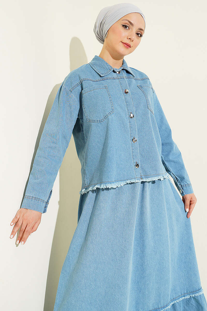 Fringed Detail Denim Two-Piece Set Light Blue – Bild 2