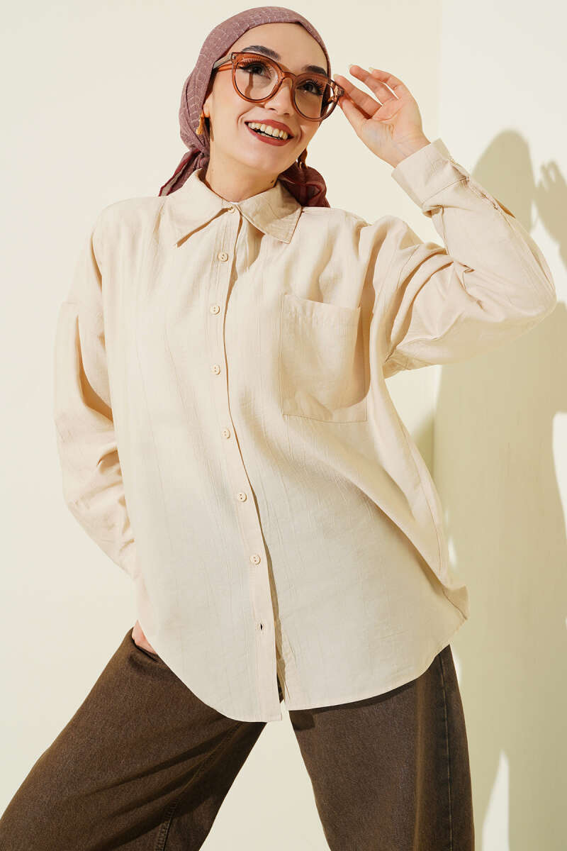 Single Pocket Drop Shoulder Shirt Beige