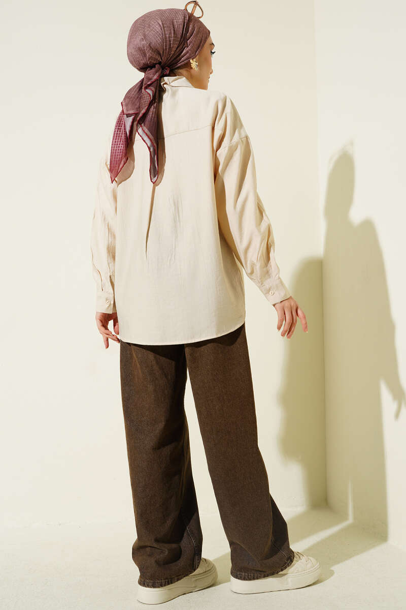 Single Pocket Drop Shoulder Shirt Beige - Image 3
