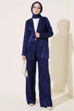 Single Button Jacquard Jacket Set Navy Blue