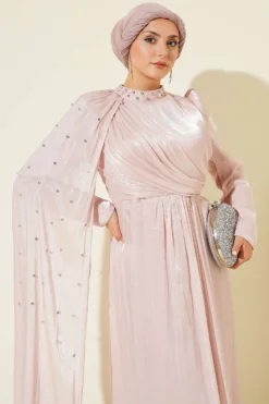 Alternative view of One Shoulder Cape Embellished Evening Dress Powder Pink