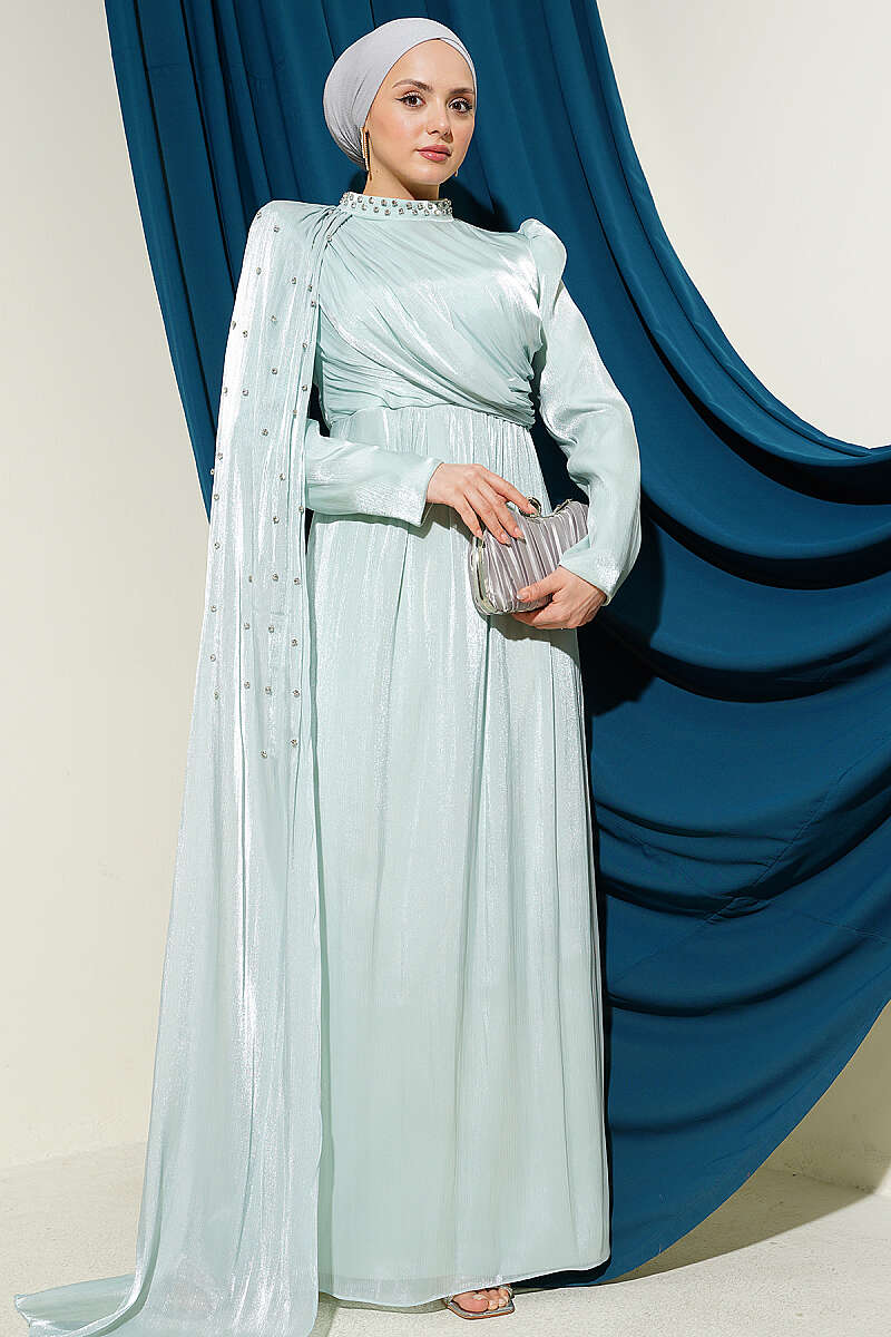 One Shoulder Cape Embellished Evening Dress Mint