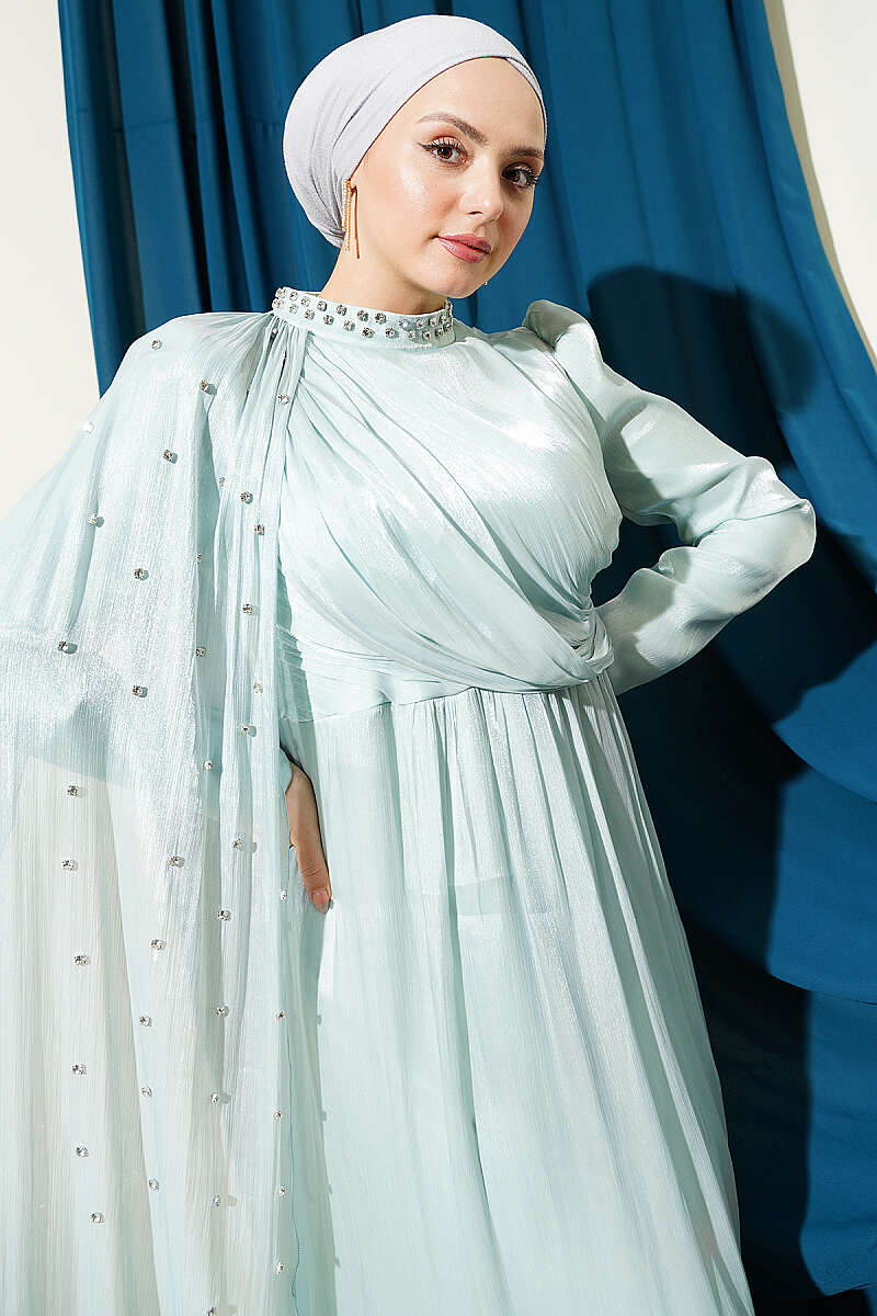 One Shoulder Cape Embellished Evening Dress Mint – Bild 2