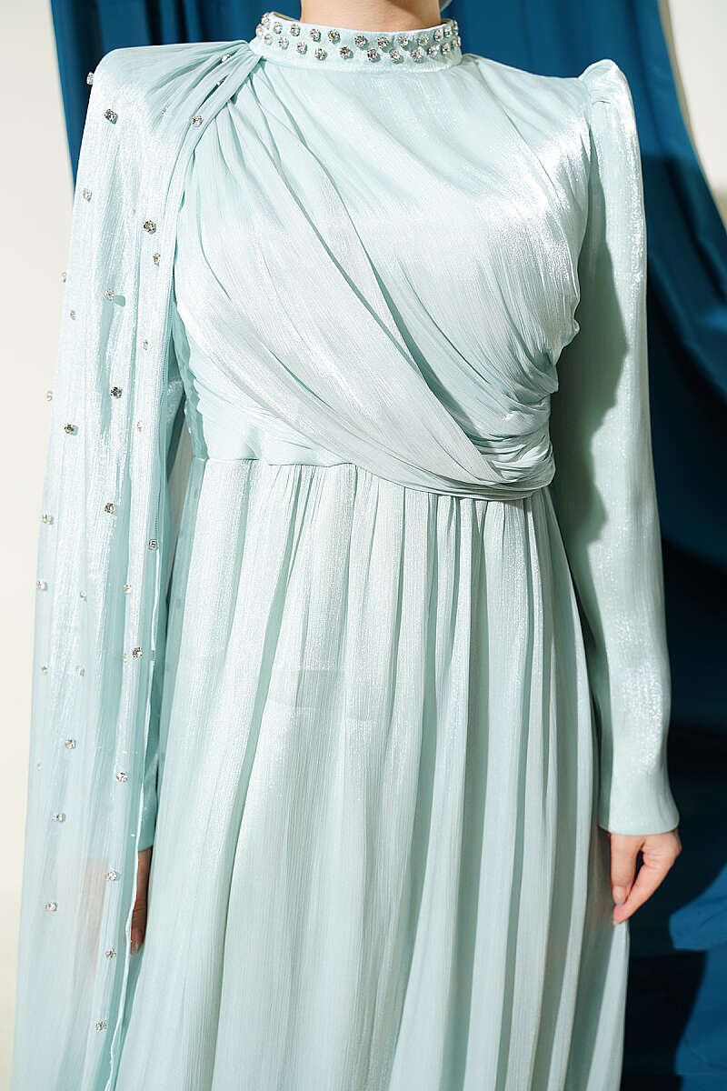 One Shoulder Cape Embellished Evening Dress Mint – Bild 4