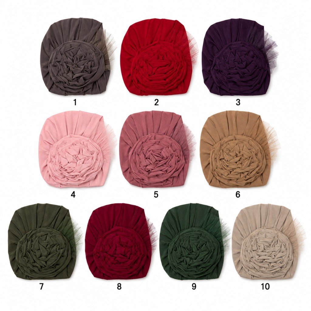 Tulle Rose Hijab Cap بالجملة colour chart — 10 numbered colours (1–10)