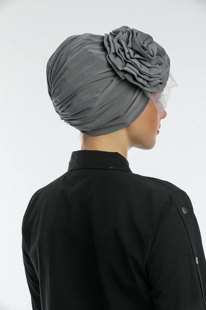 Tulle Rose Hijab Cap side/back view — ruched crown with fabric rose and tulle