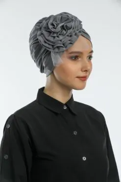 Wholesale Tulle Rose Hijab Cap — ready-to-wear turban with fabric rose and tulle accent