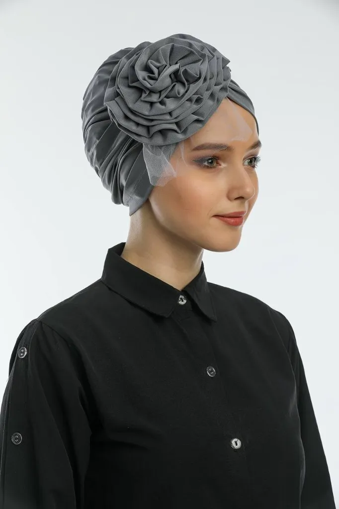 Wholesale Tulle Rose Hijab Cap — ready-to-wear turban with fabric rose and tulle accent