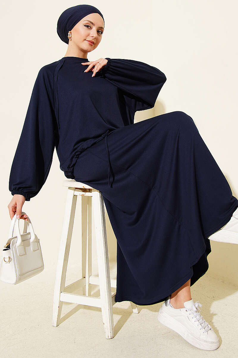 Tunic with Drawstring and Skirt Set Navy Blue