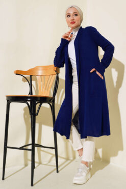 Long Cardigan with Grape Sleeve Ties Navy Blue
