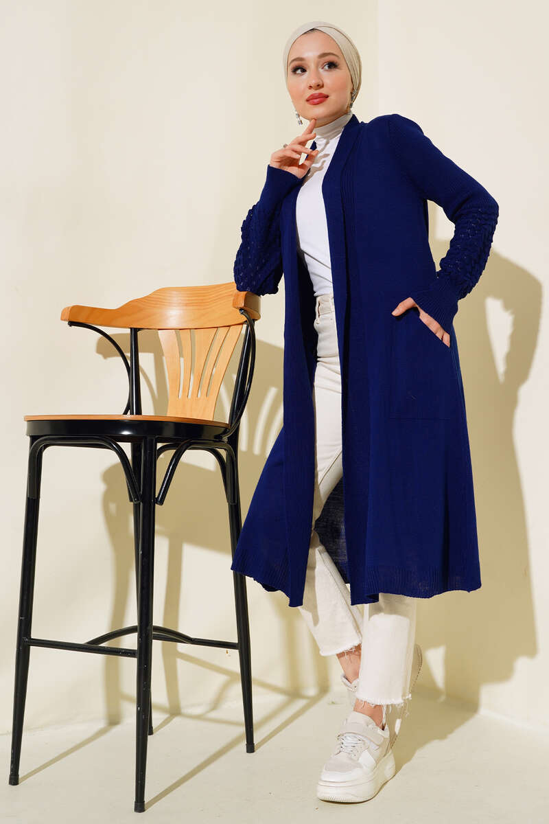 Long Cardigan with Grape Sleeve Ties Navy Blue
