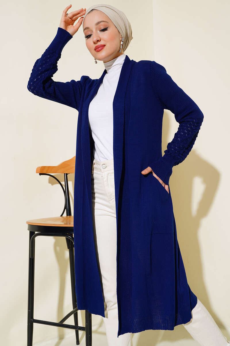 Long Cardigan with Grape Sleeve Ties Navy Blue - Image 2