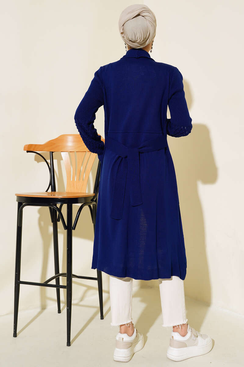 Long Cardigan with Grape Sleeve Ties Navy Blue - Image 3