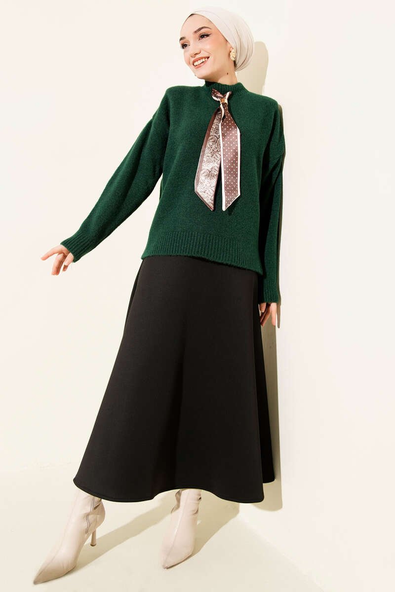 Long Knit Sweater with Extended Scarf Emerald – Image 2