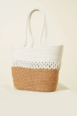 Long Handled Block Straw Bag Ecru