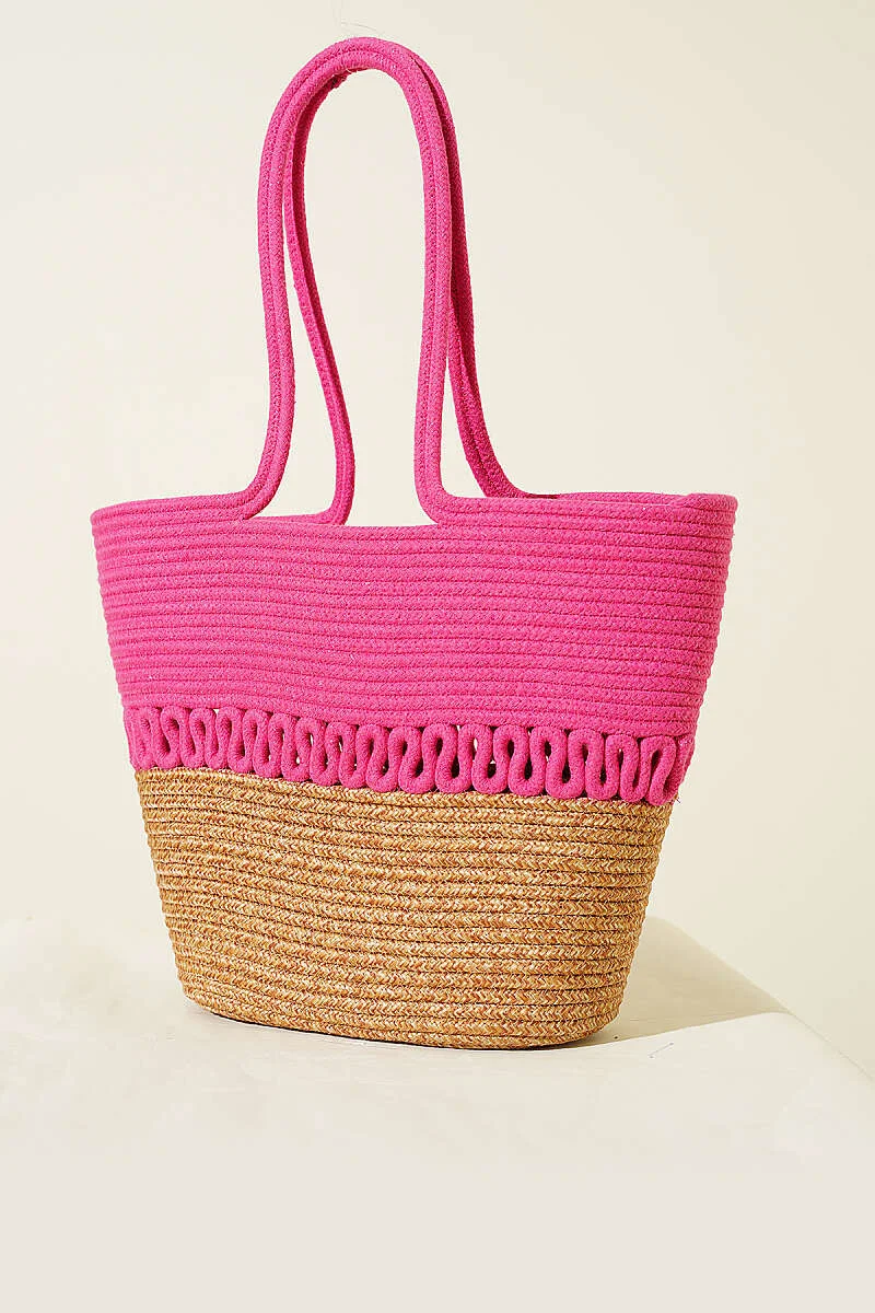 Long Handled Block Straw Bag Fuchsia