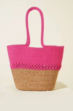 Alternative view of Long Handled Block Straw Bag Fuchsia