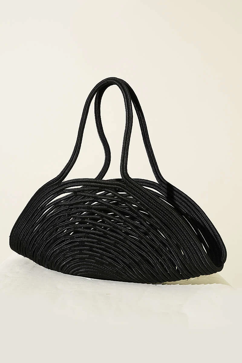 Long Handle Straw Bag Black