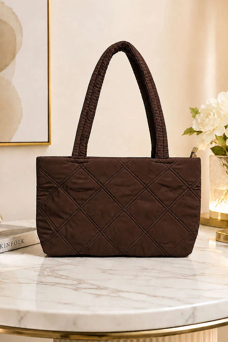 Quilted Women's Handbag with Long Handles Dark Brown