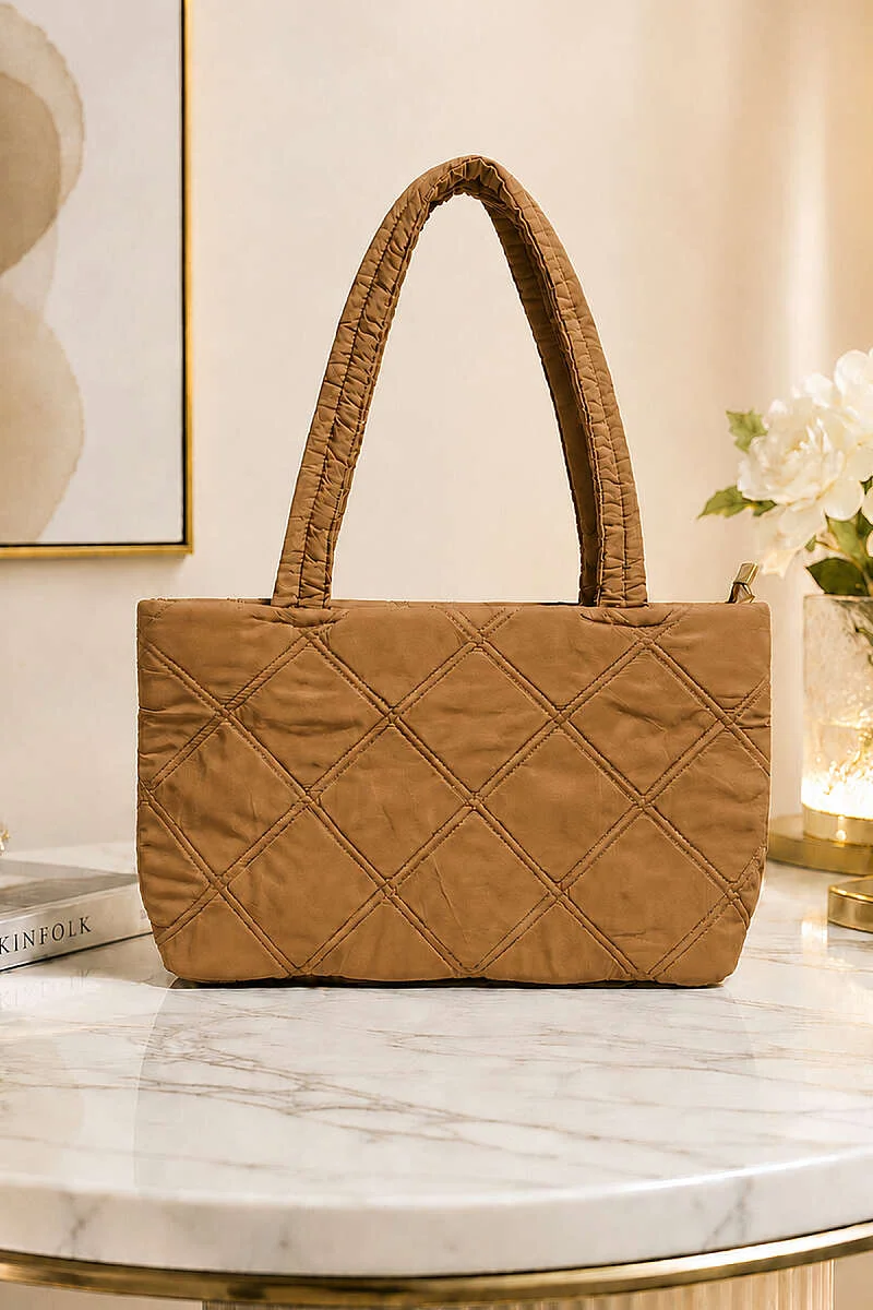Quilted Women's Handbag with Long Handles Camel