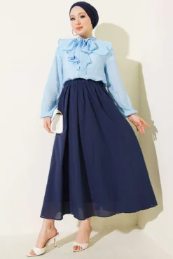 Alternative view of Short Tie-Neck Blouse with Ruffle Collar Blue