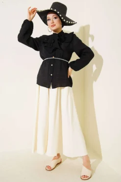 Alternative view of Short Tie-Neck Blouse with Ruffle Collar Black