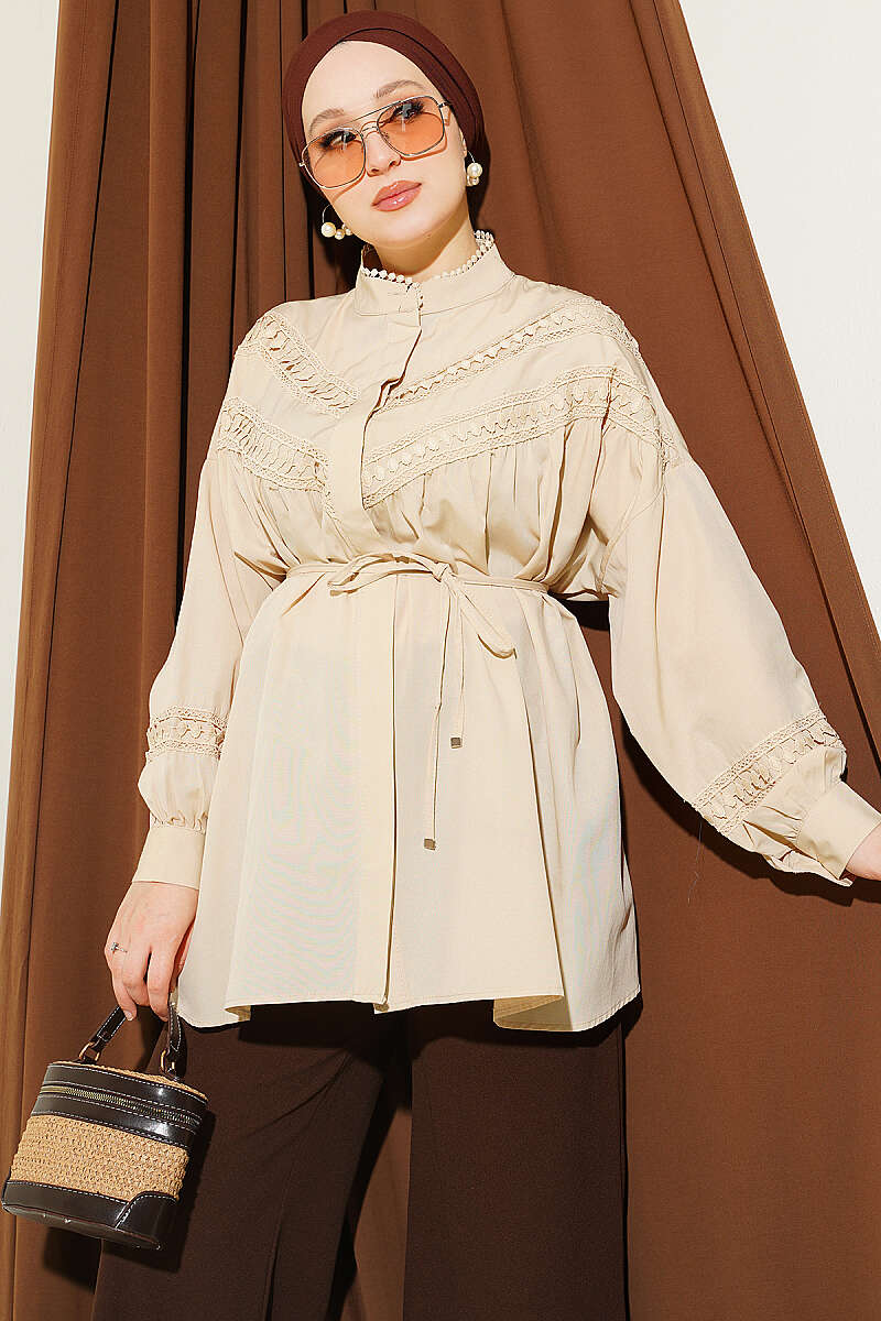 V-Neck Blouse with Lace Detail Beige