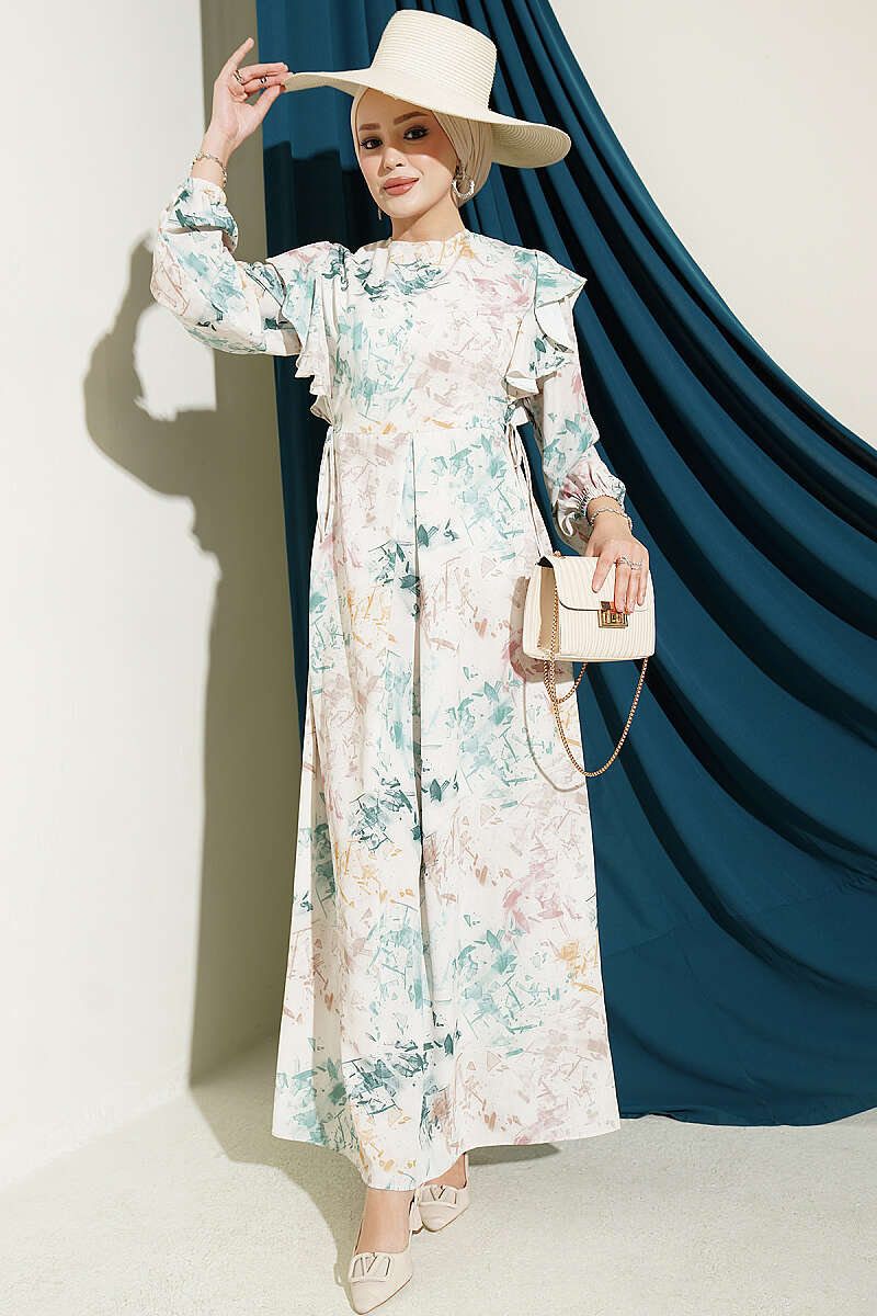 Ruffled Patterned Tie-String Dress Beige
