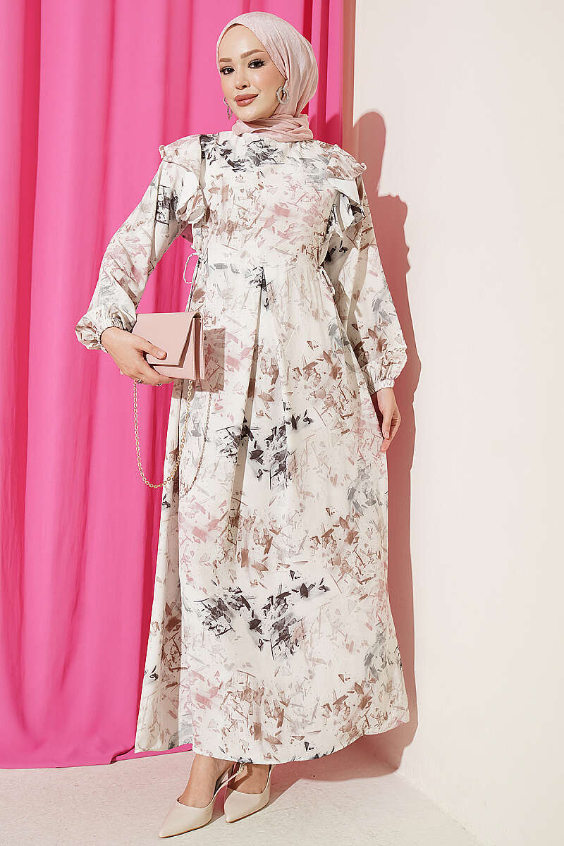 Ruffled Patterned Tie-String Dress Stone