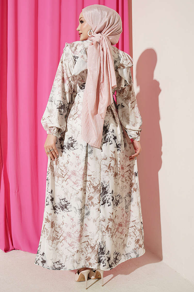 Ruffled Patterned Tie-String Dress Stone – Bild 3