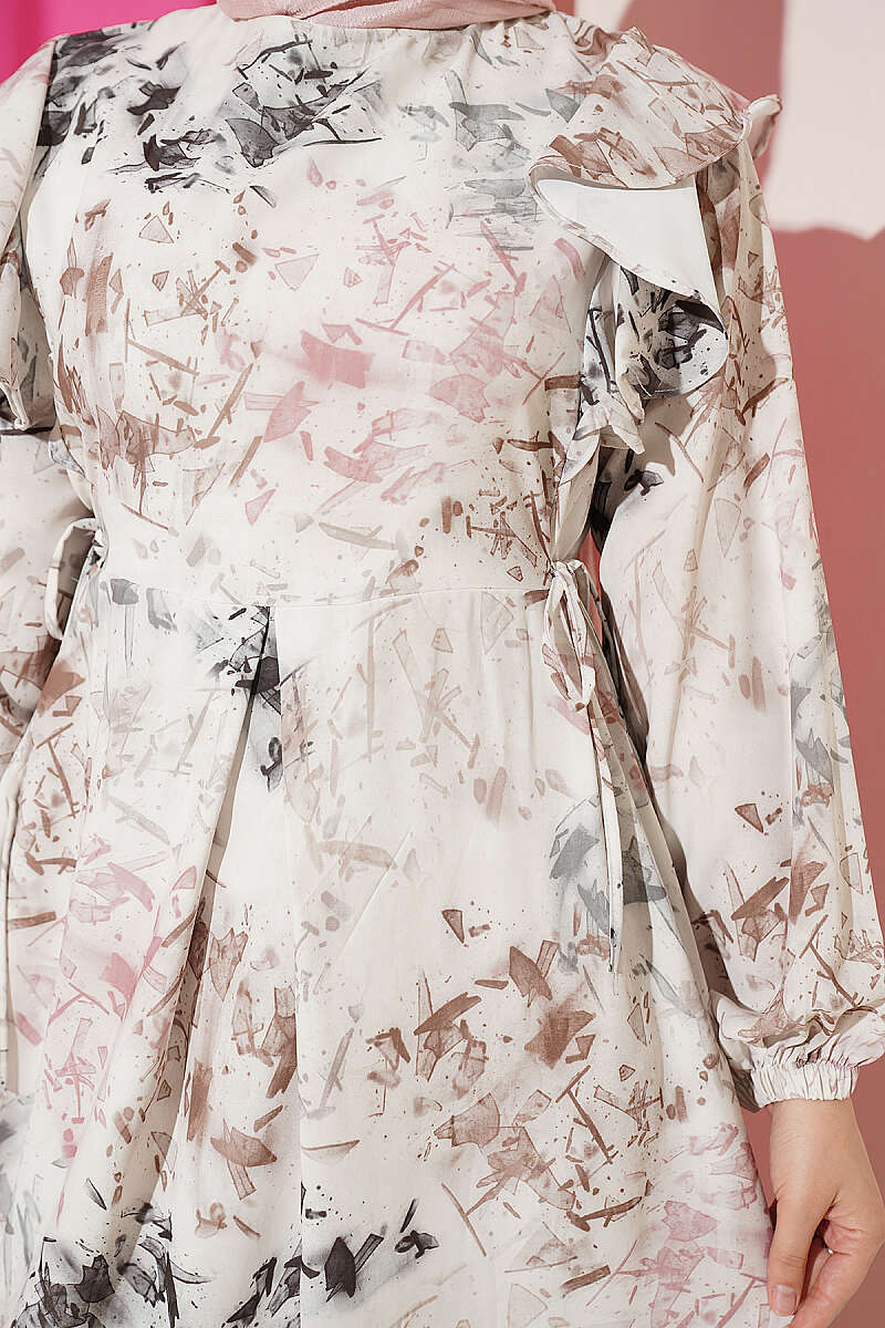 Ruffled Patterned Tie-String Dress Stone – Bild 4