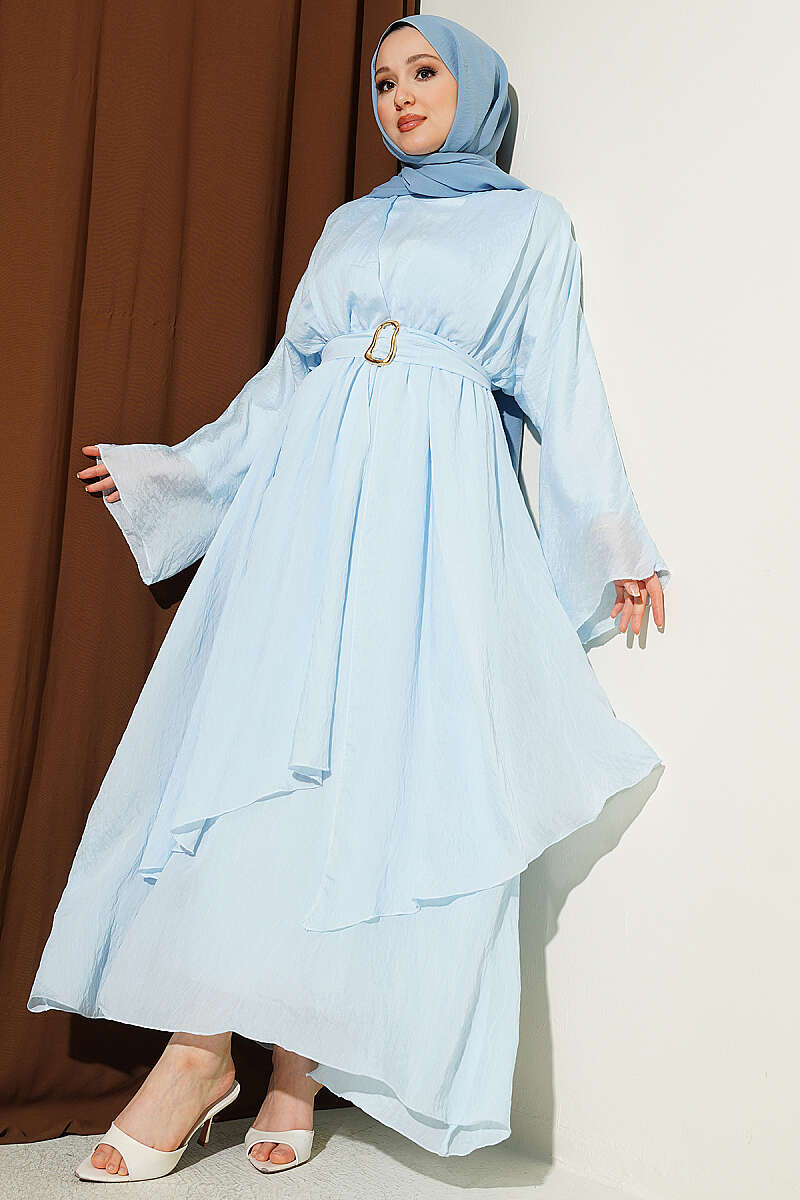 Dress with Ruffle Details and Belt Baby Blue